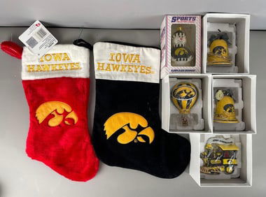 Group of Iowa Hawkeyes Christmas Ornaments and Stockings