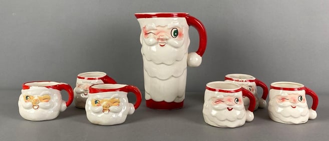 Set of 7 1959 Holt Howard Christmas Santa Claus Head Porcelain Pitcher and Glasses