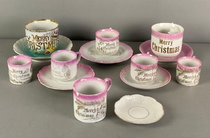 Group of Merry Christmas Porcelain Teacups and Saucers
