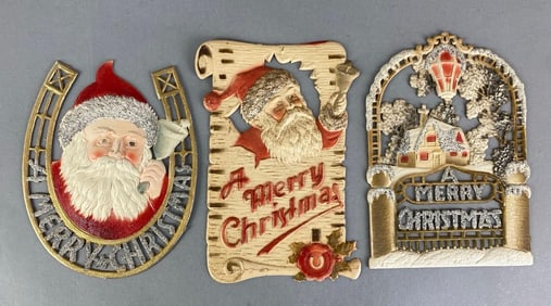 Group of 3 Antique Embossed Die-Cut Santa Claus Christmas Signs