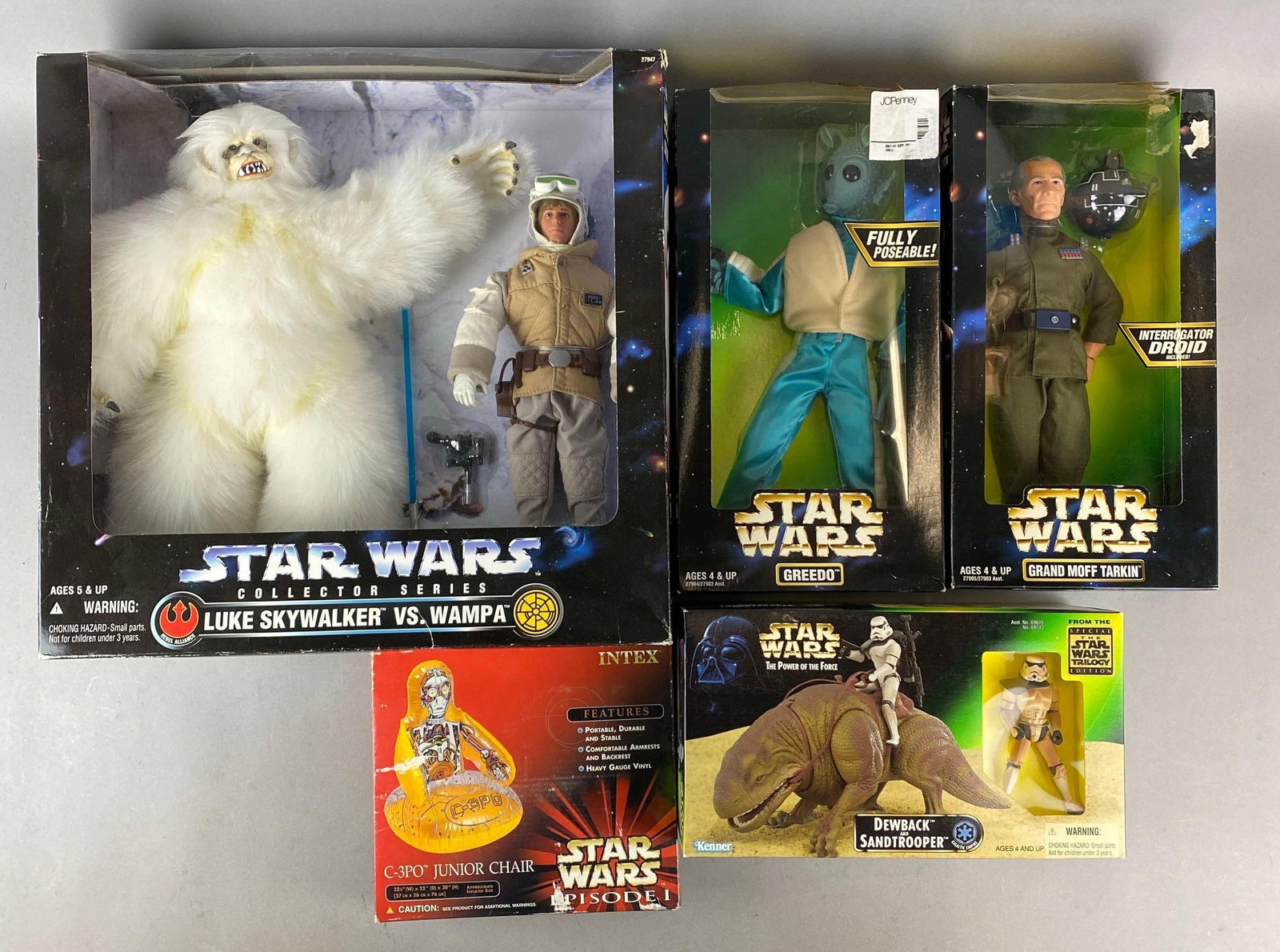Group of 4 Star Wars Action Figures and More: Includes c-p30 inflatable chair, Greedo and more.Largest box measures H15 x W 15 1/2 × D 5 inches