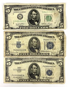 Group of 3 US $5 Bank Notes