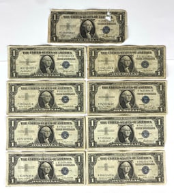 Group of 9 US $1 Silver Certificate Bank Notes