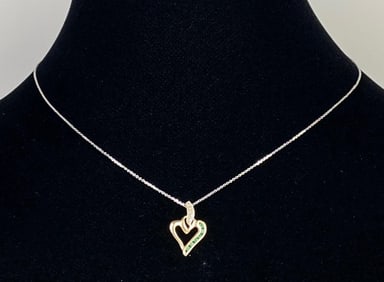 14K White Gold Chain with 10K Gold Emerald Heart Pendant