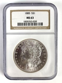 NGC Graded 1885 US $1 Morgan Silver Dollar MS63
