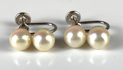 Pair of 14K White Gold Stacked Pearl Screw-Back Earrings