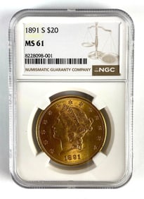 NGC Graded 1891-S US $20 Liberty Head Gold Coin MS61