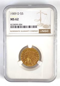 NGC Graded 1909-D US $5 Indian Head Gold Coin MA62