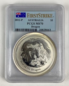 PCGS Graded 2012 P Australia $1 Year of the Dragon 1 oz .999 Silver MS70