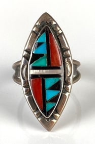 Signed Adeline Bowannie Sterling Silver Zuni Ring with Turquoise and Coral Inlay