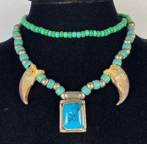 Handcrafted Beaded Necklace with Sterling and Turquoise with Bear Claws