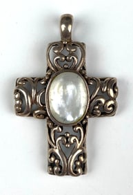Signed Filigree.925 Sterling Silver and Abalone Cross Pendant