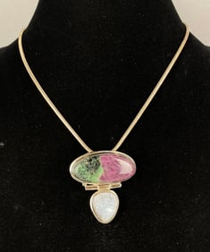 .925 Sterling Silver and Green Flourite and Druzy Quartz Pendant with .925 Sterling Silver Rope