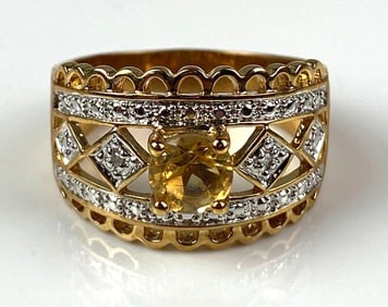 Signed CAA Yellow Amethyst and Diamond .925 Sterling Silver Ring