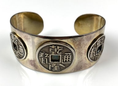 Chinese Coin Design . 925 Sterling Silver Cuff