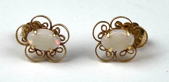 Signed Opal Filigree 14K Gold Earrings