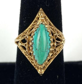 Signed Blu Bell 10k Gold Filigree With Turquoise Stone Ring