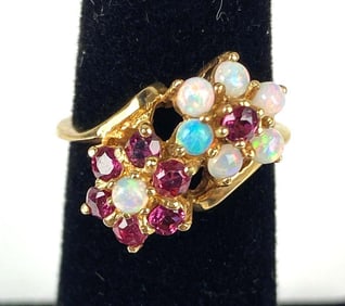 Signed Rogers 10k Gold with Opal and Ruby Cluster Flowers Ring