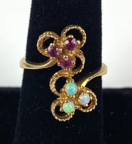 Signed Rogers 10k Gold with Ruby and Opals Crossover Ring