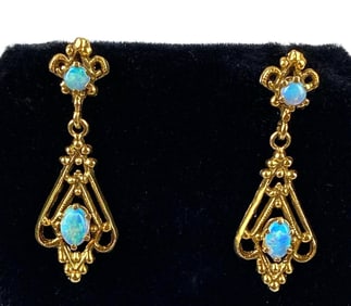 14k Gold Opal Ornate Drop Earrings