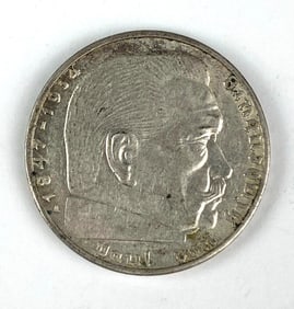 1939 WW2 German Paul von Hindenburg 2 Reichsmark Silver Coin