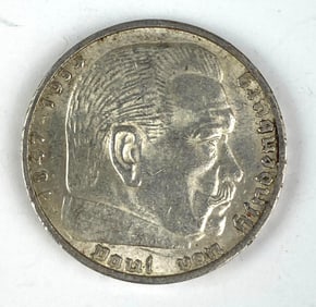 1938 WW2 German Paul von Hindenburg 5 Reichsmark Silver Coin