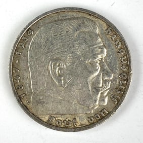 1935 WW2 German Paul von Hindenburg 5 Reichsmark Silver Coin