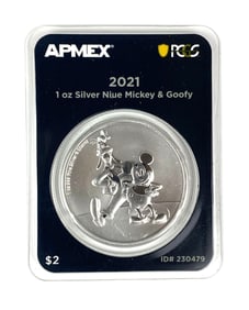 2021 NIEU $2 Mickey and Goofy 1 oz .999 Fine Silver Coin