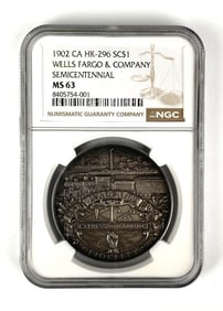 NGC Graded 1902 CA $1 Wells Fargo and Company Sikver Medal MS 63