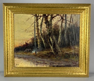 Signed T. Fox Oil on Canvas Painting with Gold Frame