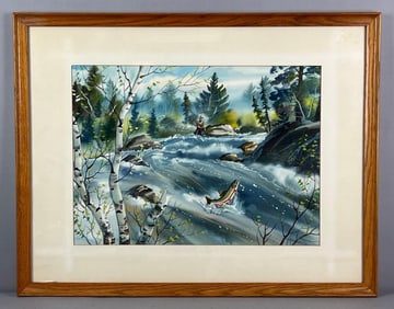 Signed Fly Fishing Landscape Watercolor