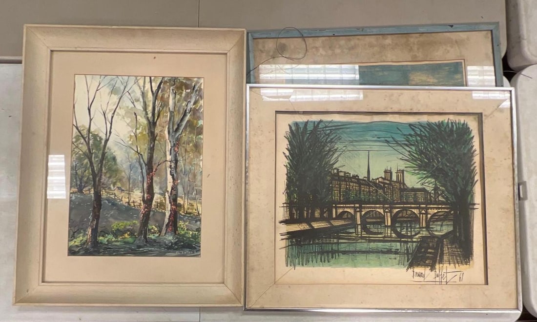 Group of 3 Artist Signed Artwork: includes Mary R Tift Woodblock, Bernard Buffet, and other. Some broken glass, largest measures 24" x 29"