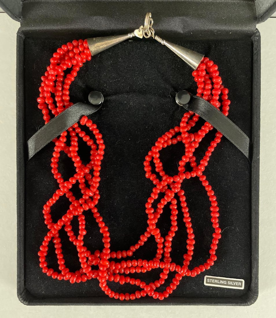 Coral Beaded Necklace with Sterling Silver Clasps: Measures 17"