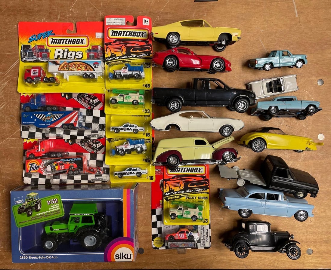 Group of Die-Cast and Model Cars: Includes matchbox, deutz-allis tractor, some missing parts