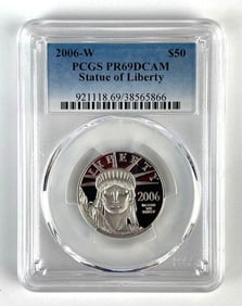 PCGS Graded 2006-W US $50 Statue of Liberty 1/2oz .999 Platinum Coin PR69DCAM
