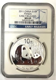 2011 China Silver Panda NGC MS69 Early Release 1 oz .999 Fine Silver Round