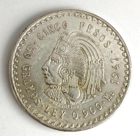 1948 Mexican 5 Pesos Cuauhtémoc 30 Grams .900 Silver Coin