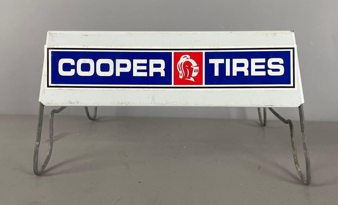 Cooper Tires Metal Advertising Display Sign: Sits on tire, measures H 6 3/4" x W 13 1/2" x D 11"