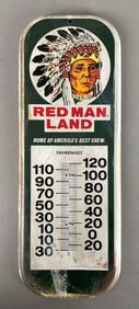 Vintage Red Man Chewing Tobacco Metal Advertising Thermometer