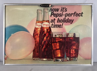 Vintage Pepsi-Cola Cardboard Advertising Sign with Metal Frame