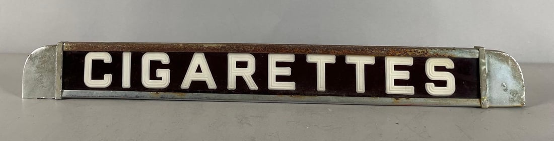 Vintage Cigarettes R.O.G. Light-Up Advertising Sign: Needs direct wiring, rusted top, reverse painted glass, measures H 2 3/4" x W 23" x D 2"