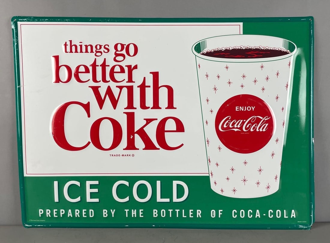 Coca-Cola Things go better with Coke Metal Advertising Sign: Embossed, slight warp,, measures 20" x 28"