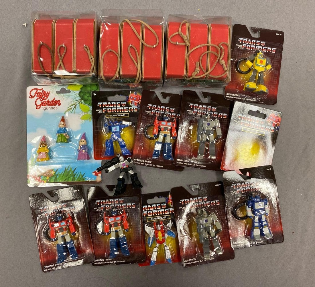 Group of Transformers bag clips and More: Includes Christmas ornaments and fairy garden figurines, largest measures 6 1/2” H x 5” W