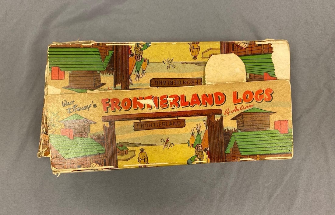 Vintage Walt Disney Halsam Frontierland Logs Building Toy: Set seems complete, splitting on box, measures 12” H x 6” W