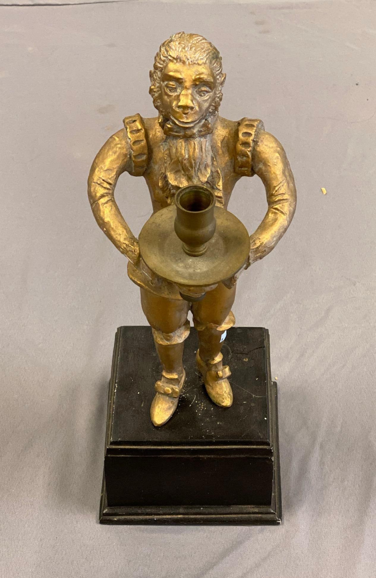 Figural Chimp Resin Candlestick: scratches throughout wood base, measures 16 1/2” H x 6” W x 6” D