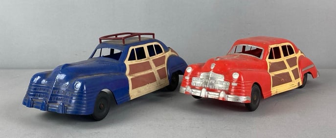 Group of 2 Vintage Irwin Wind Up 1947 Chrysler Woody Toy Car