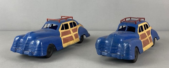 Group of 2 Vintage Irwin Wind Up 1947 Chrysler Woody Toy Car