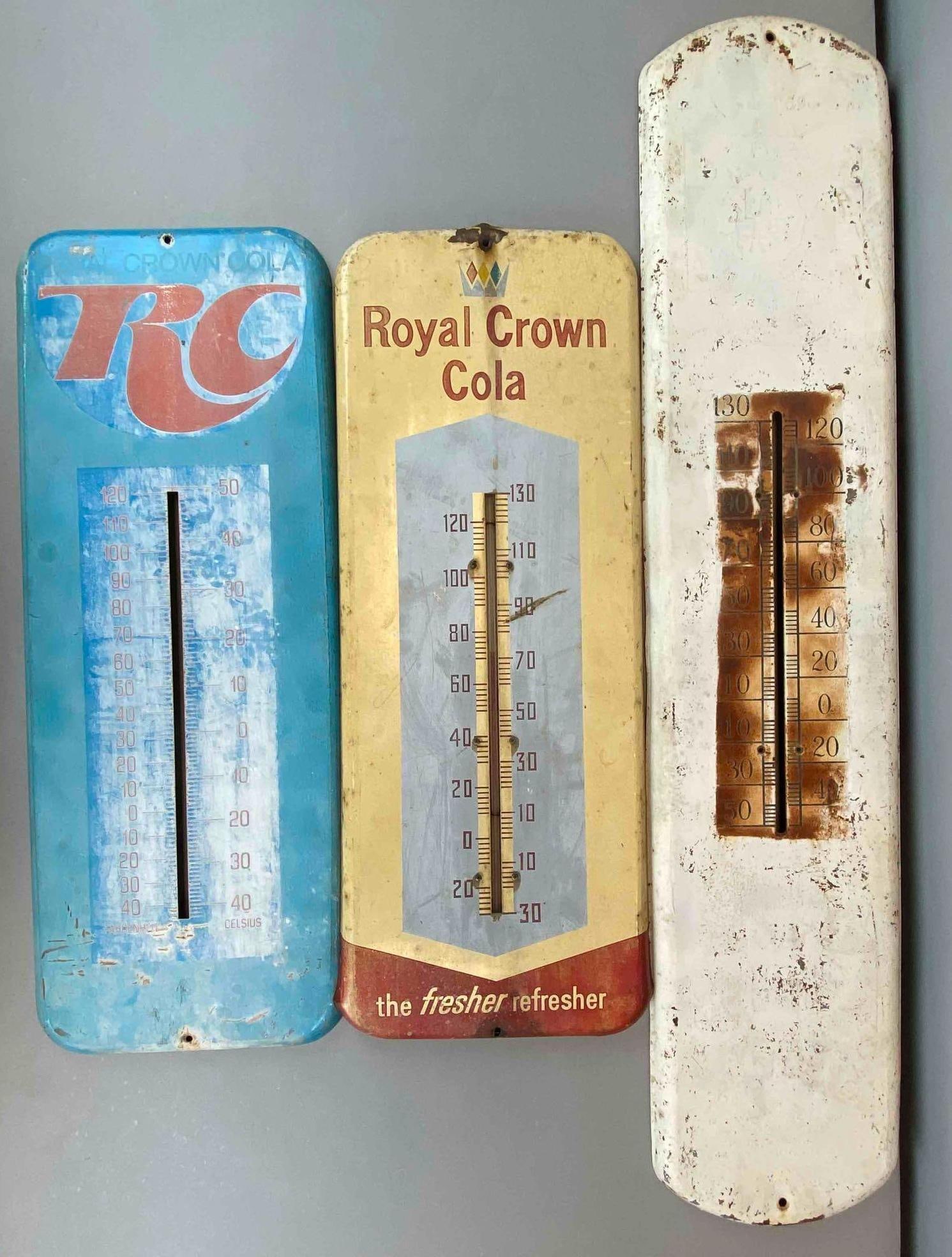 Group of 3 Metal Advertising Thermometers: Includes RC Cola, Royal Crown Cola and unknown, Royal crown thermometer in working condition, largest measures 39” H x 8 1/2” W