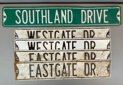Group of 5 Metal Embossed Street Signs