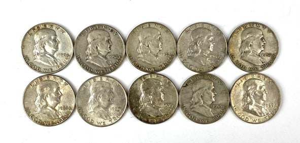 Group of 10 US Mint Benjamin Franklin Silver Half Dollars